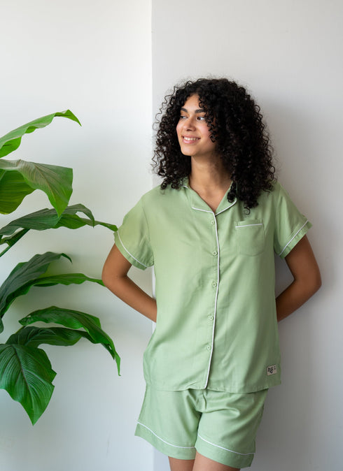 Women Summer Pajama Set Mint Buttoned Shirt + Shorts